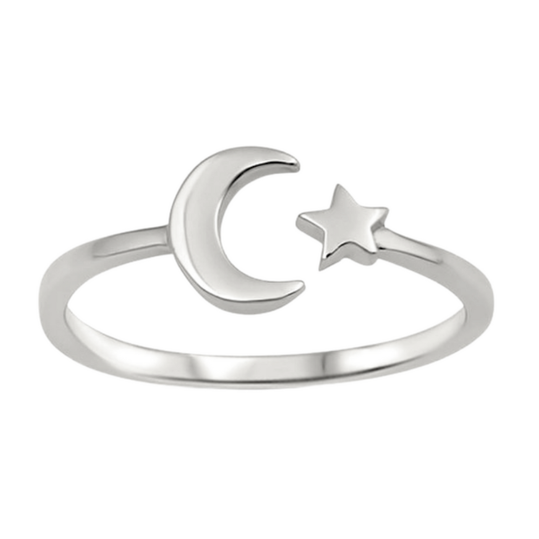 Moon + Star Ring, Celestial Adjustable Wrap Ring, Minimal | Wicked Good Gift Box